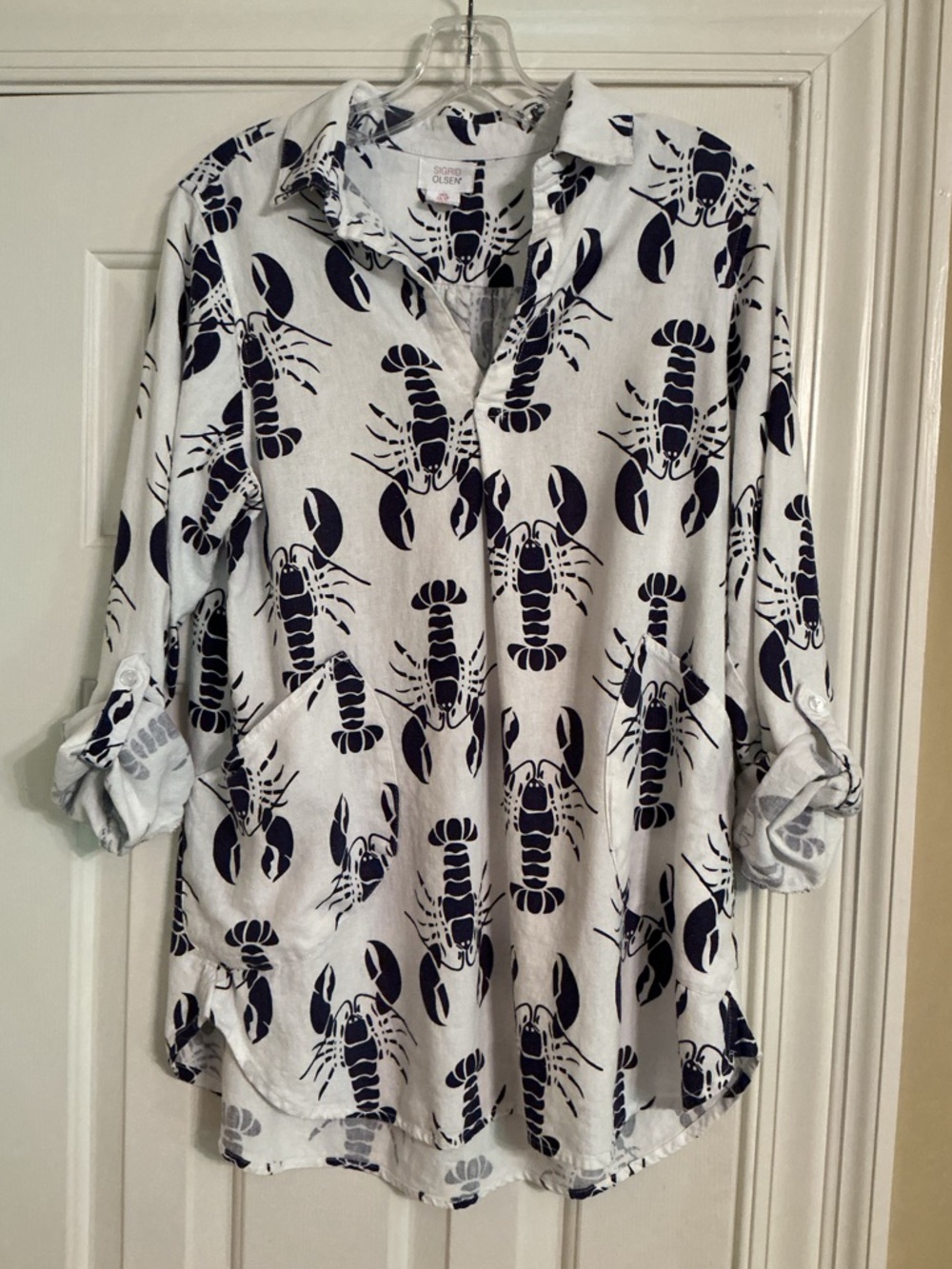Sigrid Olsen Navy & White Lobster Print Linen Tunic, Relaxed Fit Size Small